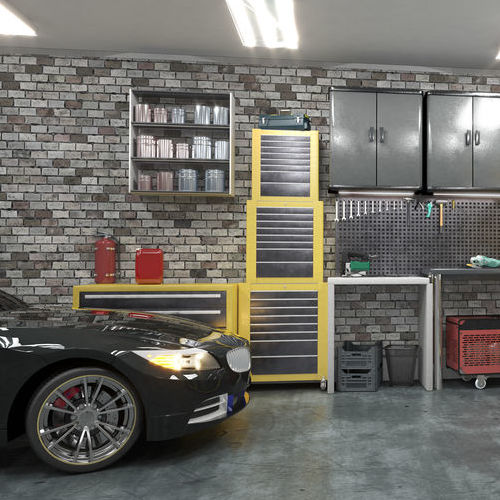 A Car in a Garage Needing Tire Rotation