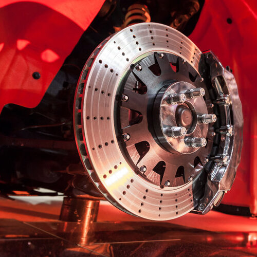 close-up of brake disc and wheel hub on vehicle